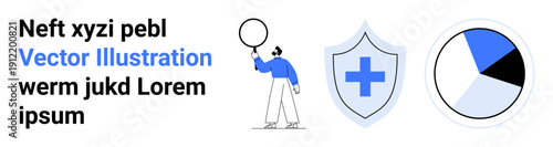 Person analyzing with magnifying glass, shield symbolizing security, pie chart for data analysis. Ideal for business, healthcare, finance, analytics, research, technology simple landing page