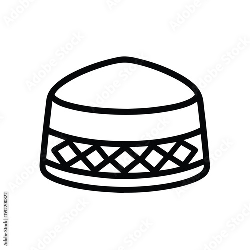 Black line art icon of an Islamic prayer cap isolated on white background