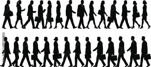 Walking business people silhouettes row men women commuters briefcase office corporate vector illustration