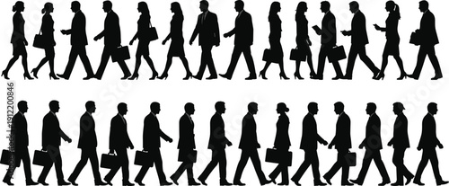 Walking business people silhouettes row men women commuters briefcase office corporate vector illustration set