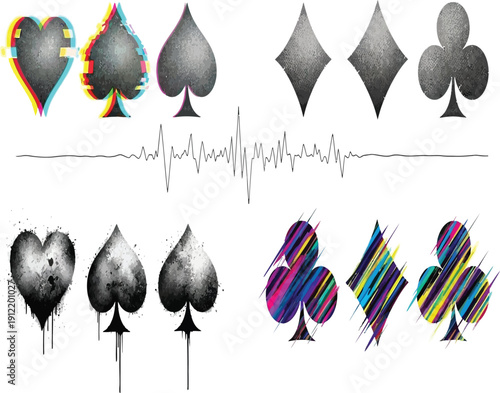 Suite symbols of playing cards in various colors and shades