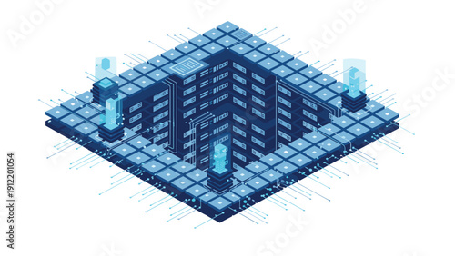Complex isometric illustration of a modern data center with rows of blue server racks, cooling systems, and data flow lines for cloud storage art.