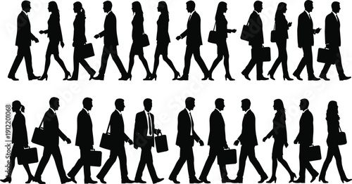 Walking business people silhouettes set men women commuters briefcase office corporate vector illustration