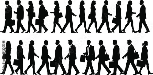 Walking business people silhouettes set men women commuters briefcase office corporate vector illustration