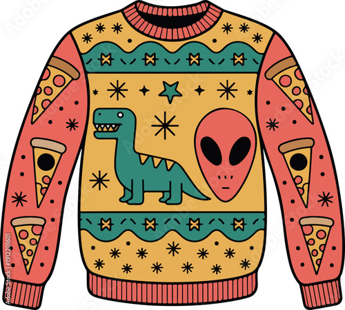 Quirky dinosaur alien pizza christmas sweater illustration