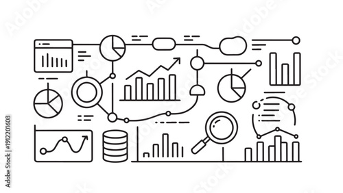 Data analysis and business intelligence illustration featuring charts, graphs, flowcharts, magnifying glass, database, and documents interconnected to show information flow.
