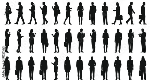 Business people silhouettes collection men women standing walking phone use corporate vector set