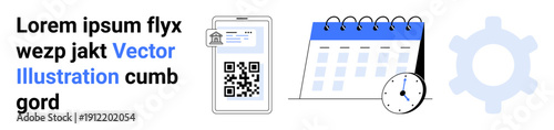 Digital tools, organization, scheduling, QR codes, identity management, productivity. Visual elements include a QR code on a phone, a calendar and a clock. Digital tools and organization concept