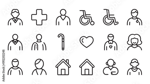 Healthcare and accessibility icons set featuring medical staff, cross, person, wheelchair, cane, heart, house, and community.