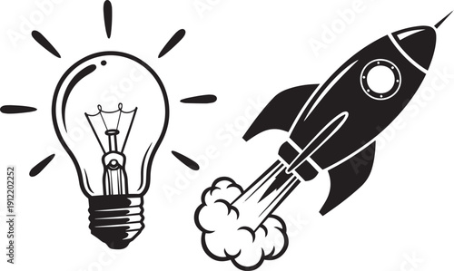 A creative illustration of a light bulb and a rocket symbolizing innovation and progress. isolated on white background, 