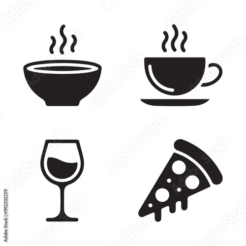 Simple Food Icons: Hot Soup, Coffee, Wine Glass, and Pizza Slice