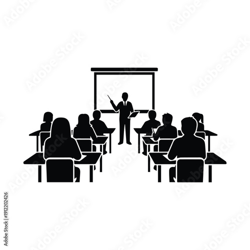 A black silhouette of a teacher lecturing to students in a classroom