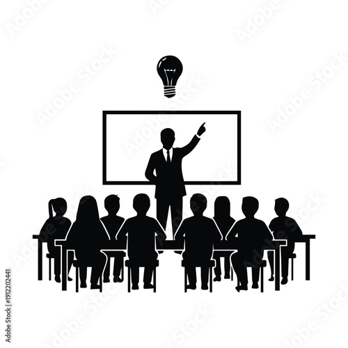 A black silhouette of a teacher presenting to a class with a lightbulb above