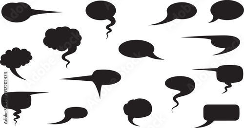 A collection of various speech bubble shapes and styles in black silhouette isolated on white background, 