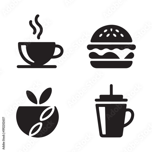 Culinary icons featuring coffee, burger, fruit bowl, and a take-out cup. Minimalist vector graphics for food service businesses.