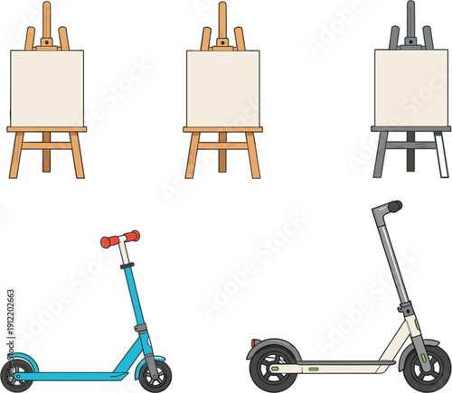 Blank Canvas Easel and Electric Scooter Vector Set Isolated on White Background for Art and Urban Transport