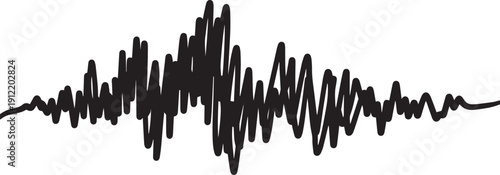 A detailed black and white illustration of a sound wave pattern isolated on white background, 