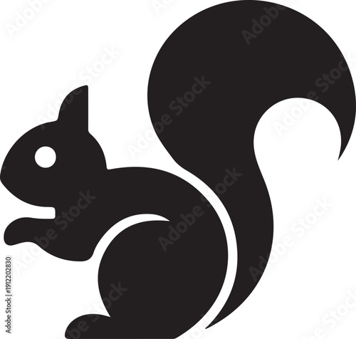 Minimalist black and white squirrel with curved tail and bushy tail segments flat black silhouette