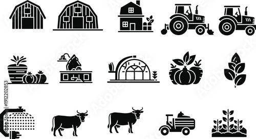 Agriculture farm silhouette icon set with barn tractor cow crops and rural elements isolated on white background for design use