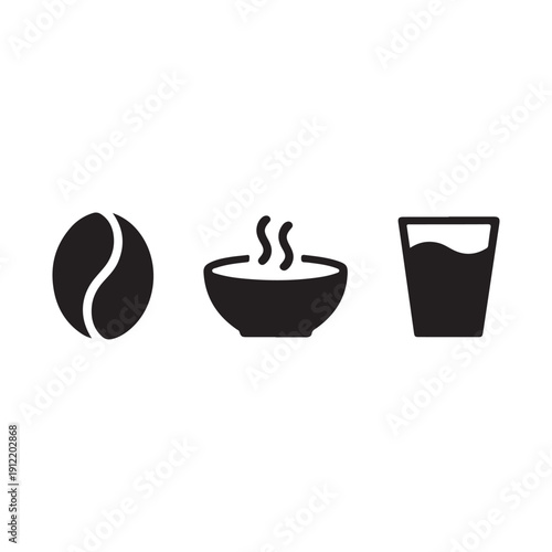 Minimalist icons for food and beverages: coffee bean, hot soup in a bowl, and a glass of water. Clean vector design for nutritional information.