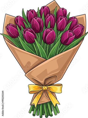 Bouquet of purple tulips wrapped in brown paper