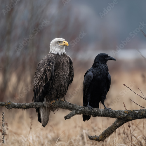 Wallpaper Mural Bald eagle and raven perched together on bare branch in moody winter landscape Torontodigital.ca