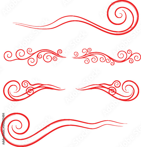Collection of red swirling line art designs and flourishes