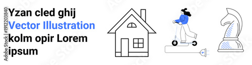Lifestyle, technology, strategy, urban mobility, home living, decision-making. A house, a person on a scooter and a chess knight. Urban mobility and strategy concept