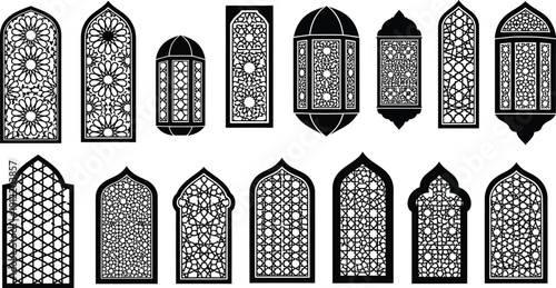 Intricate Islamic Geometric Patterns and Arabic Lanterns Window Silhouettes Set Vector Illustration