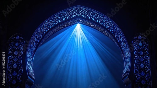 An archway with intricate details frames bright blue light, emanating from the top