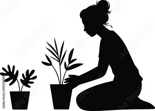 Woman gardener silhouette caring for potted houseplants, minimalist black illustration isolated on white background, indoor gardening concept artwork