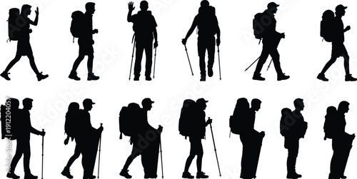 Black vector silhouette collection of hikers and backpackers walking with trekking poles and gear, outdoor adventure and mountain climbing people icons for tourism designBlack vector silhouette  