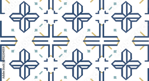 Elegant Geometric Tile Pattern with Blue and Gold Cross Motifs