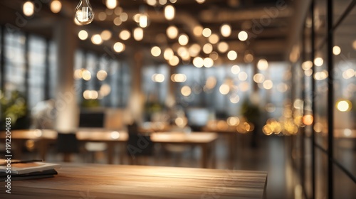 Wallpaper Mural Warm Light in Modern Cafe: A blurred, inviting ambiance fills a modern cafe, showcasing soft, warm light from overhead bulbs, creating a cozy and welcoming atmosphere. Torontodigital.ca