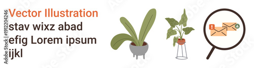 Nature, communication, postal services, plant care, technology, analysis. Potted plants next to magnifying glass highlighting envelopes. Plant care and communication concept