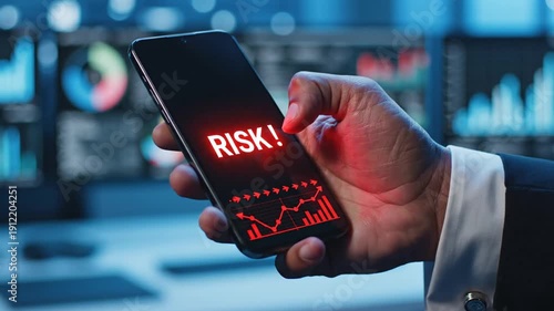Investor views financial risk on phone, market decline highlighted, business concept