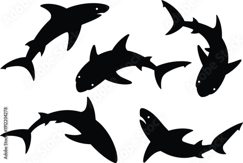 Shark silhouettes collection isolated on white background, marine predator ocean wildlife black vector illustration set design