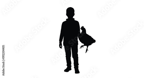 Silhouette of a young boy carrying a chicken on a white background