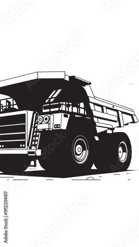 Bold monochrome illustration of a heavy duty dump truck on the road.