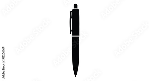 Silhouette of a black ballpoint pen against a white background