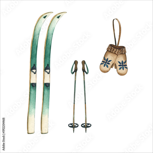 Watercolor illustration of skis, poles and pair of knitted mittens. Hand drawn watercolor illustration on white background. A set of green skis with poles for Active recreation during the holidays