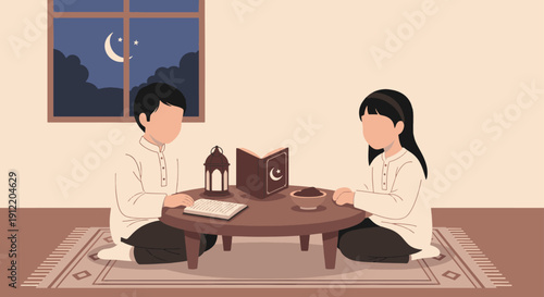 Muslim Children Reading Quran Together During Ramadan Night Interior Illustration