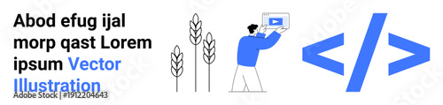Person holding screen with play button, surrounded by wheat graphic and coding tag. Ideal for technology, coding, presentation, agriculture, innovation, media, and simple landing page