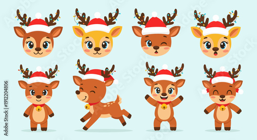 Collection of cartoon reindeer in Santa hats, various poses, festive illustration, holiday theme, digital artwork