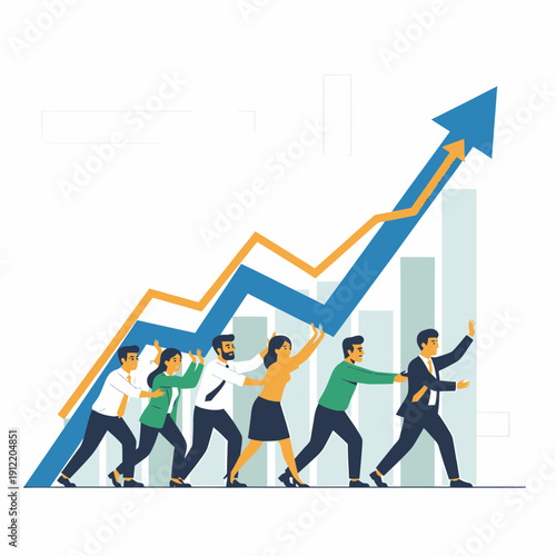 Diverse team of professionals pulling a giant blue arrow upwards, symbolizing business growth and success in a corporate environment from a low angle viewpoint