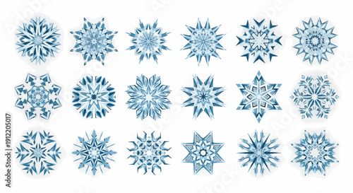 Collection of blue snowflakes, intricate designs, and varied patterns on a white background viewed from directly above