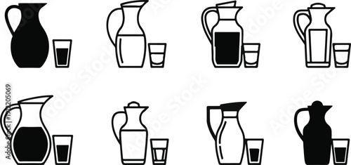 Eight black and white vector illustrations of jugs and glasses in various styles isolated on transparent background