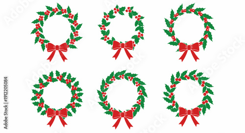 Six Christmas wreaths with red ribbons arranged in two rows on a clean background viewed from directly above