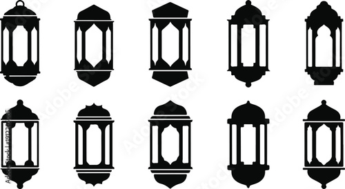Set of black lantern silhouettes isolated on transparent background