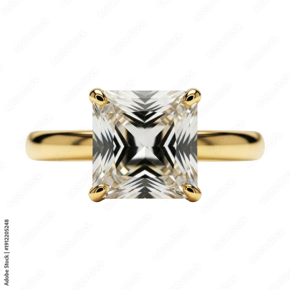 Obraz premium Luxurious gold ring featuring a large princess cut diamond isolated on transparent background